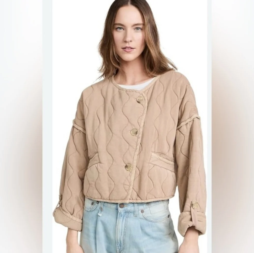 FREE PEOPLE Gwynnie Quilted Cropped Jacket In Champagne Diamonds NWOT Medium